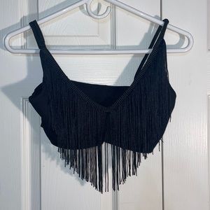 Western Solid Fringe Trim Cami Top, Black, Small